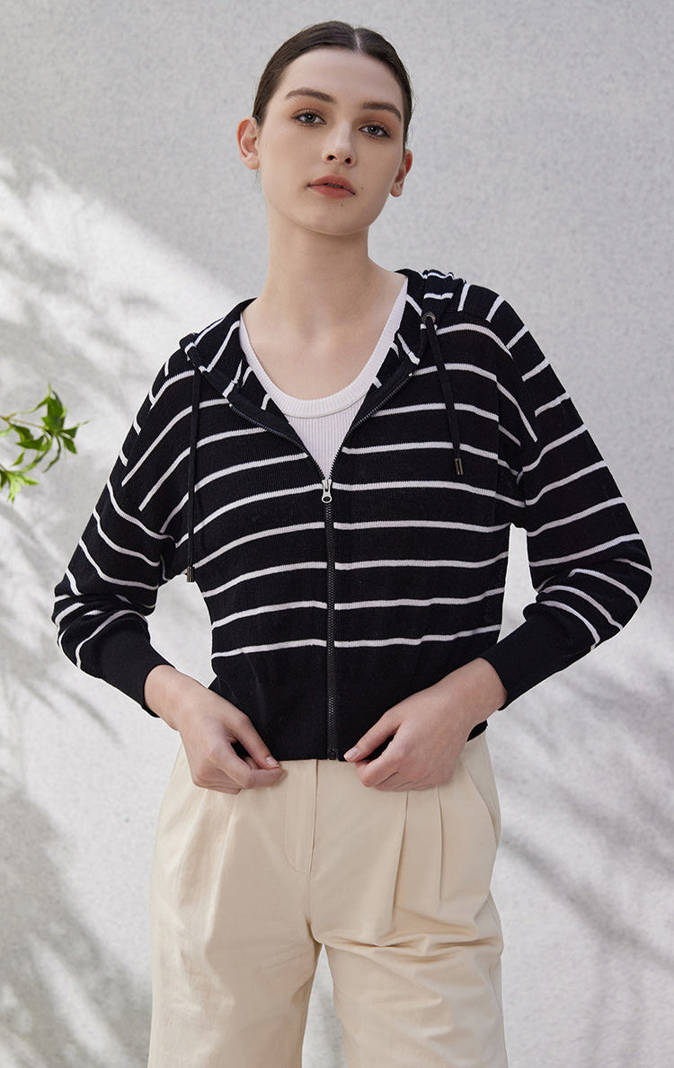 İpek Kapüşonlu Çizgili Üst
