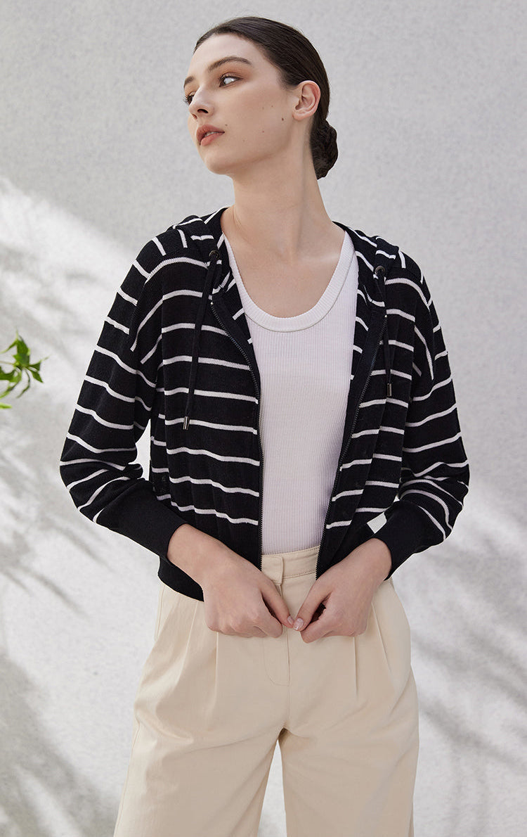 İpek Kapüşonlu Çizgili Üst