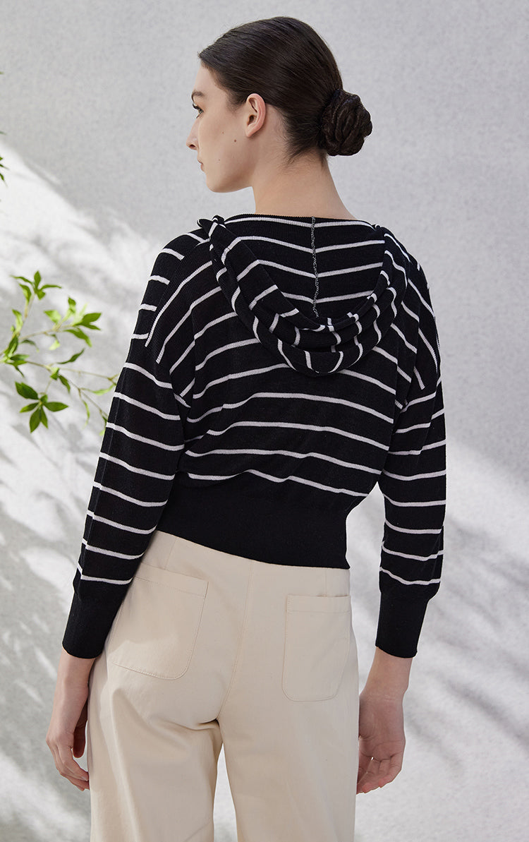 İpek Kapüşonlu Çizgili Üst