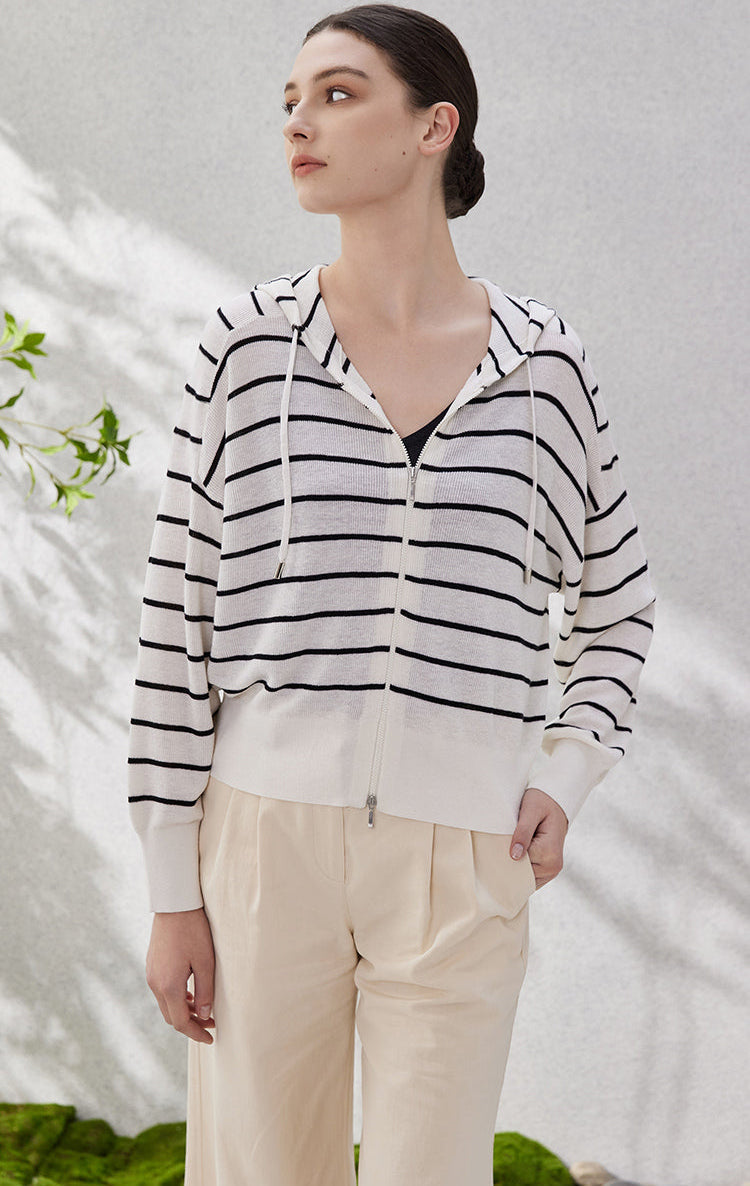 İpek Kapüşonlu Çizgili Üst