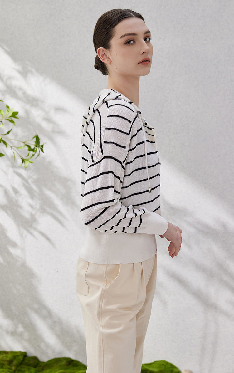 İpek Kapüşonlu Çizgili Üst