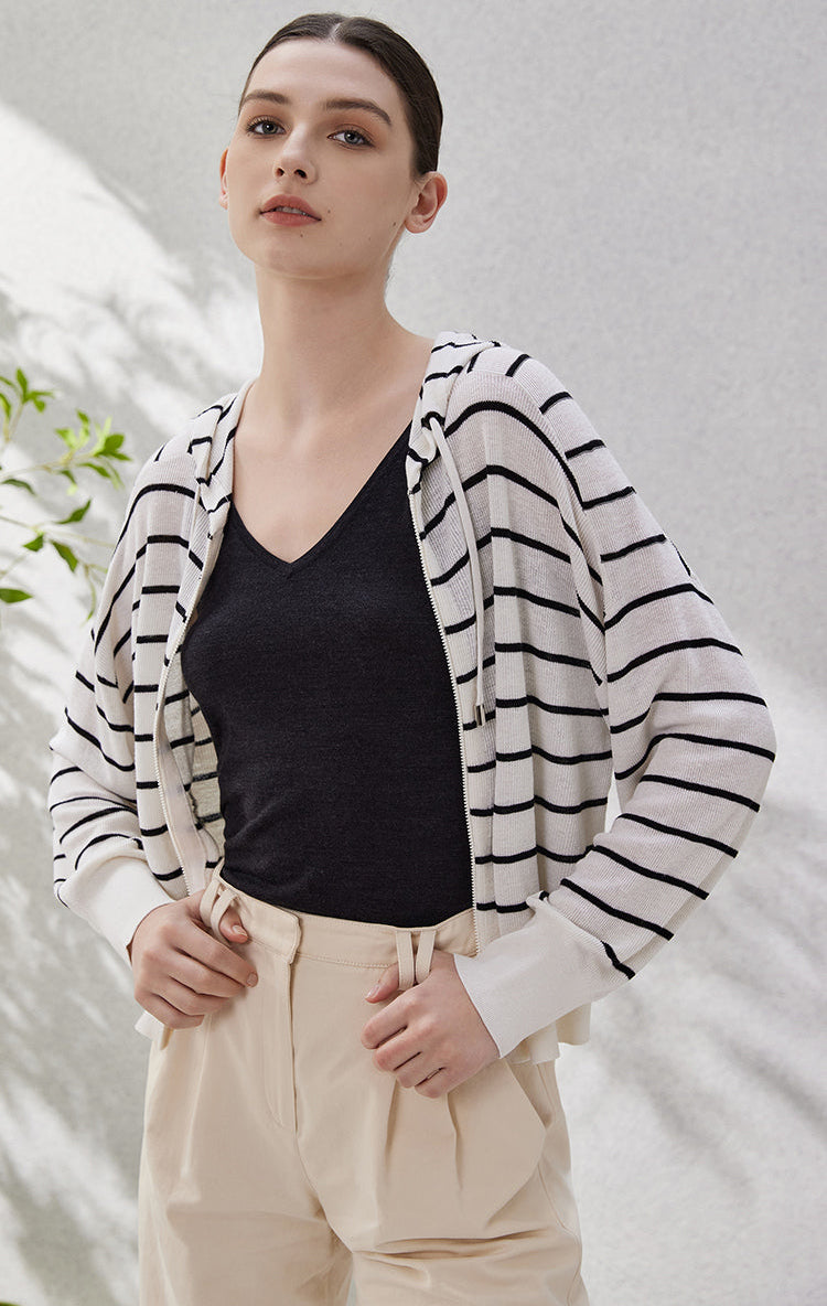 İpek Kapüşonlu Çizgili Üst