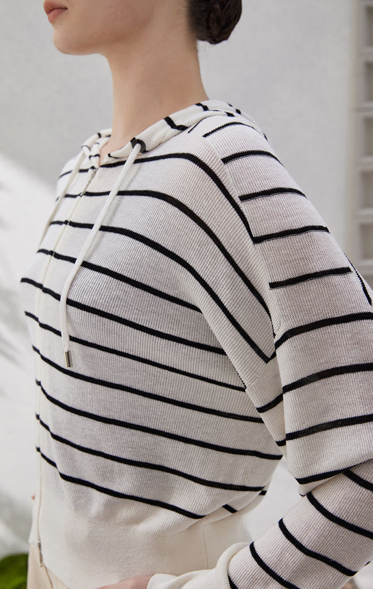 İpek Kapüşonlu Çizgili Üst