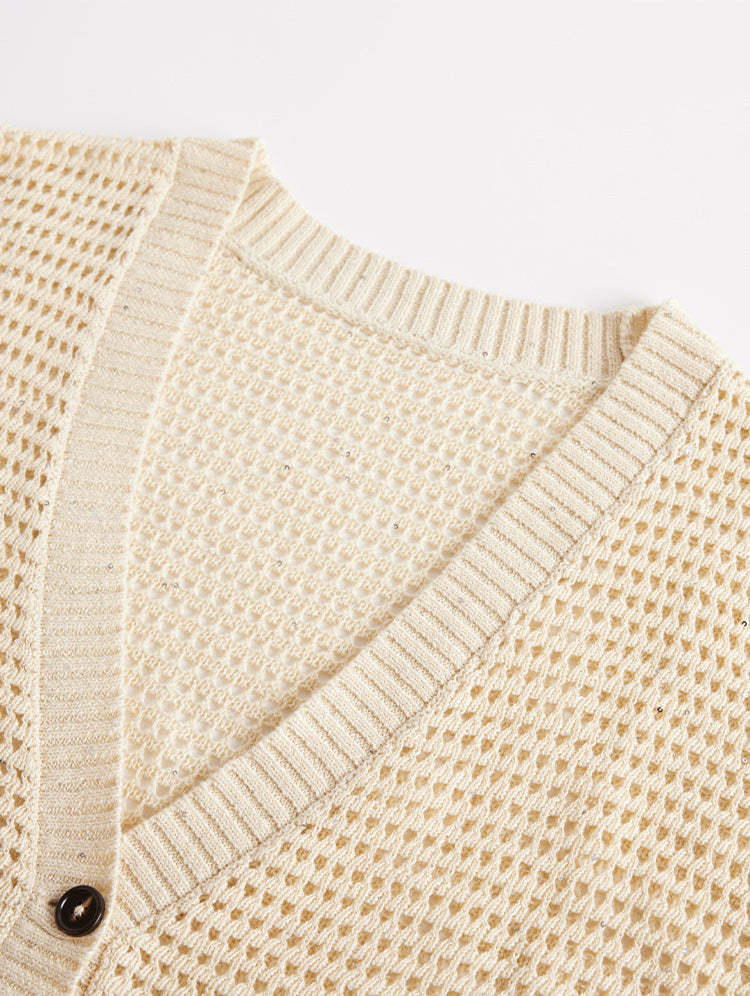 Keten Payetli Düğmeli Hırka