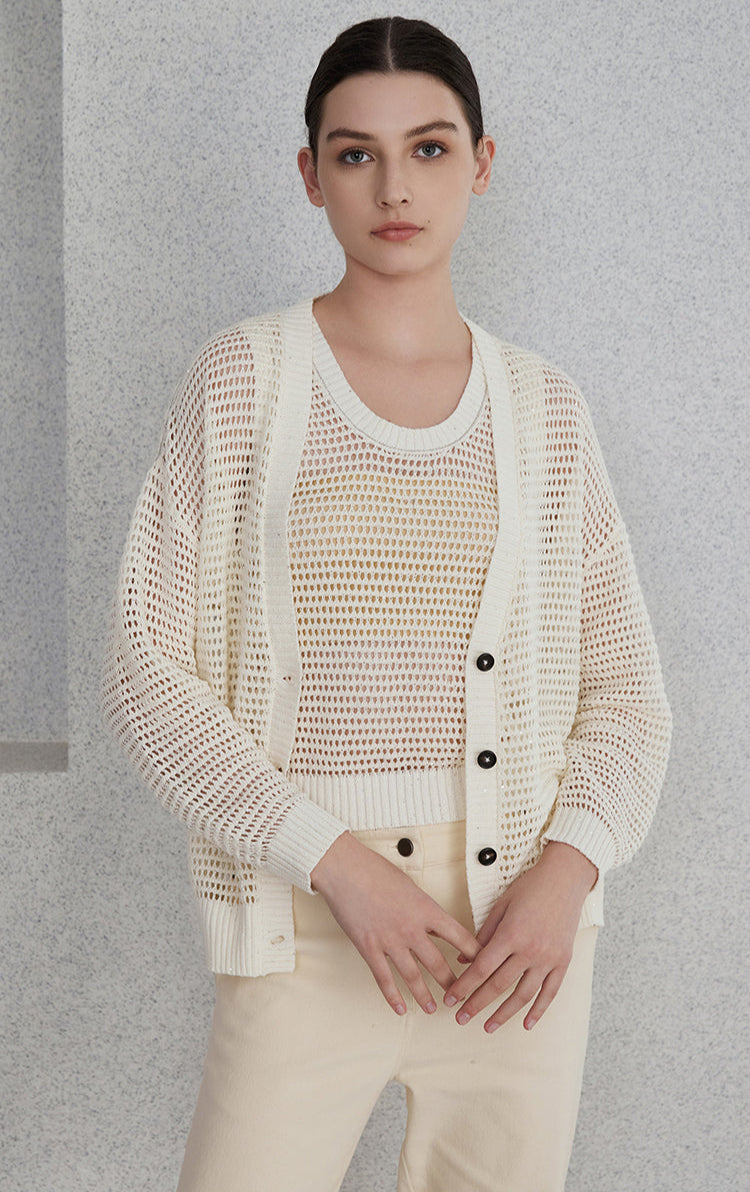 Keten Payetli Düğmeli Hırka