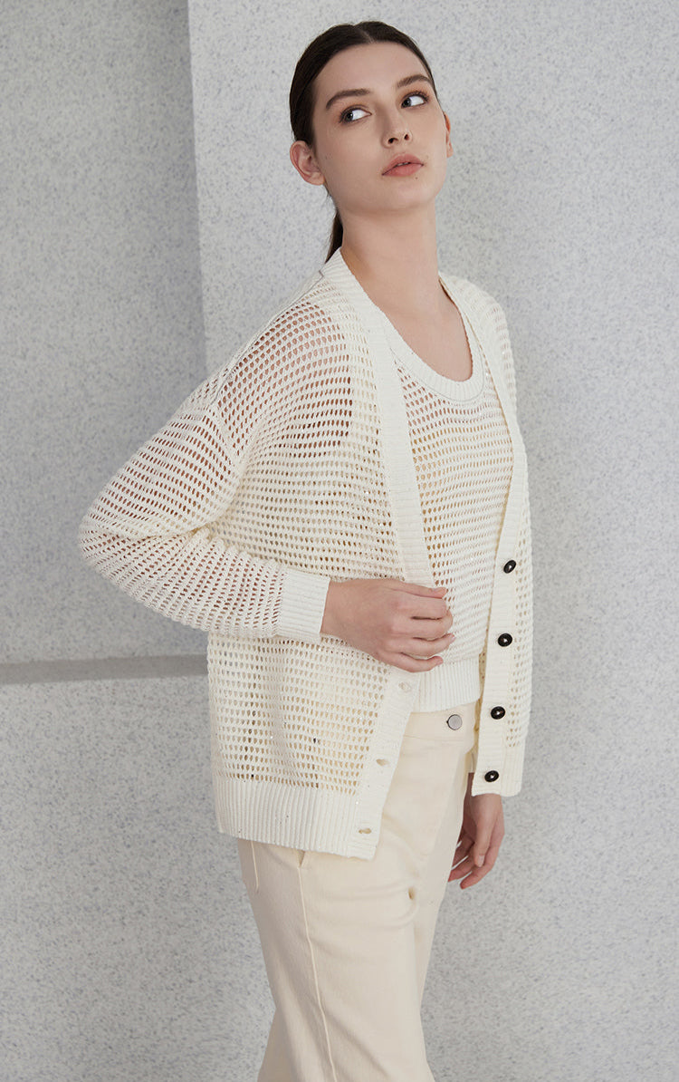 Keten Payetli Düğmeli Hırka