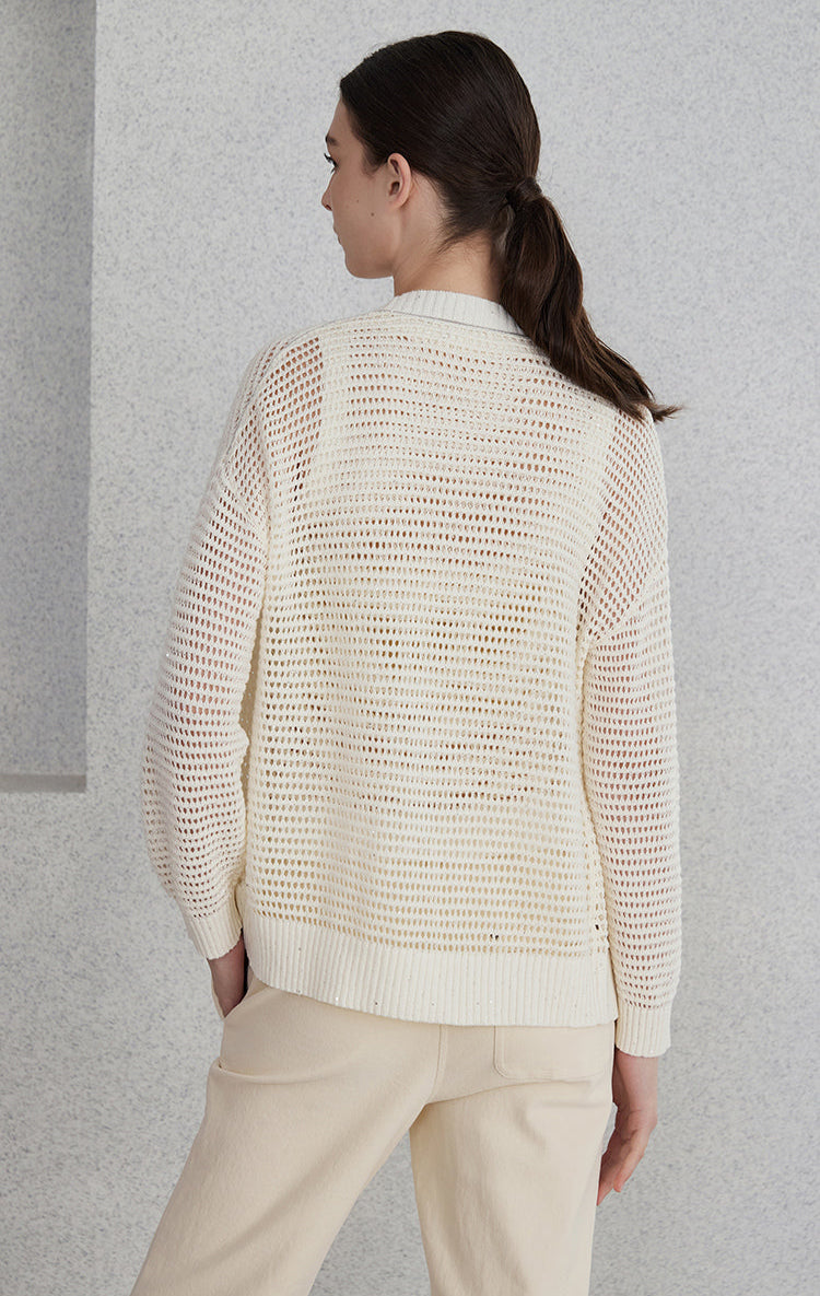 Keten Payetli Düğmeli Hırka