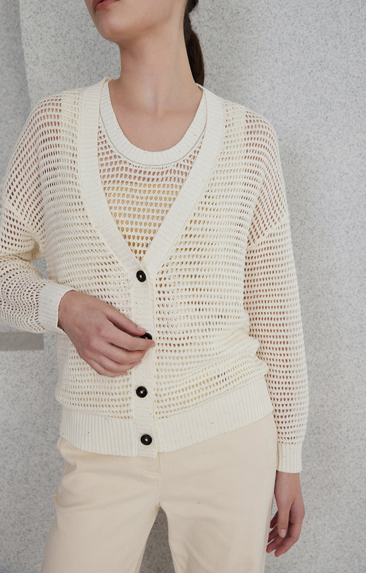 Keten Payetli Düğmeli Hırka