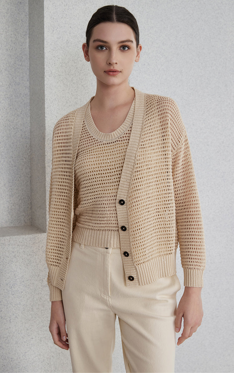 Keten Payetli Düğmeli Hırka