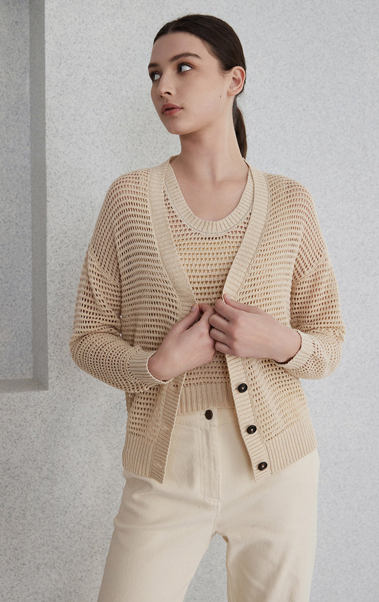 Keten Payetli Düğmeli Hırka