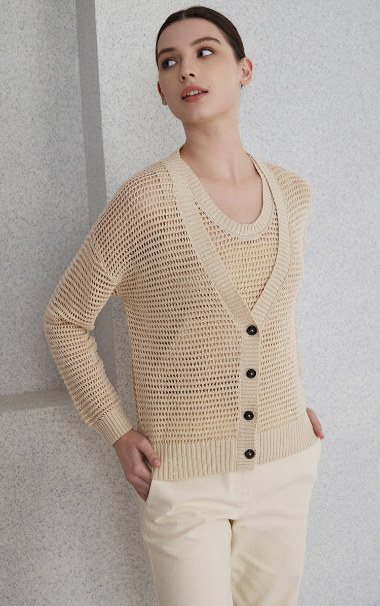 Keten Payetli Düğmeli Hırka