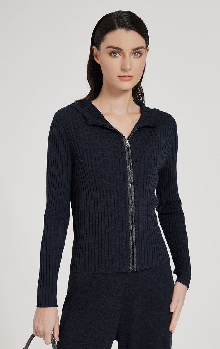 Yün & İpek Kapüşonlu Fermuarlı Hırka