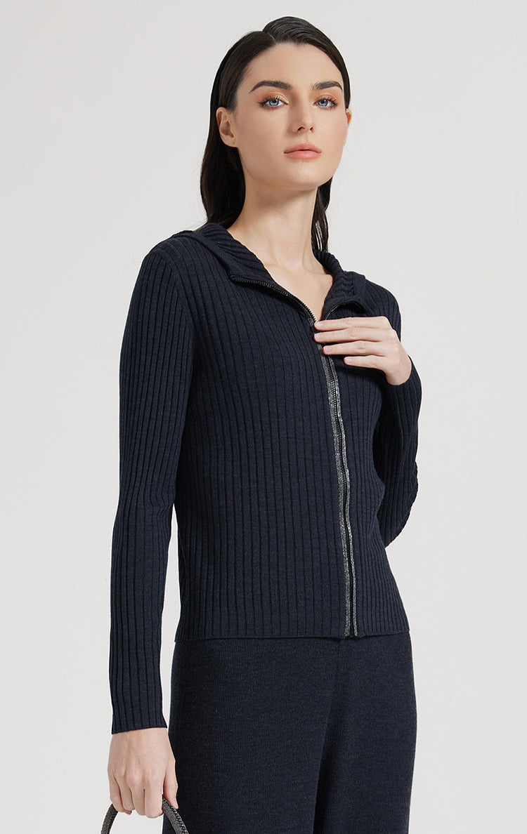 Yün & İpek Kapüşonlu Fermuarlı Hırka