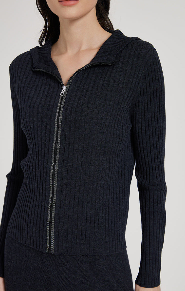 Yün & İpek Kapüşonlu Fermuarlı Hırka