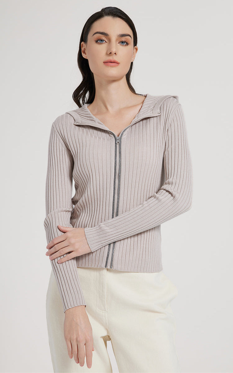 Yün & İpek Kapüşonlu Fermuarlı Hırka