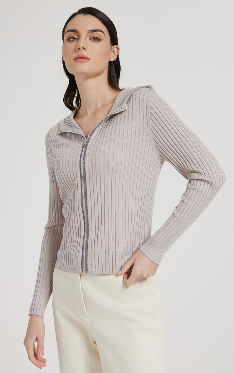 Yün & İpek Kapüşonlu Fermuarlı Hırka