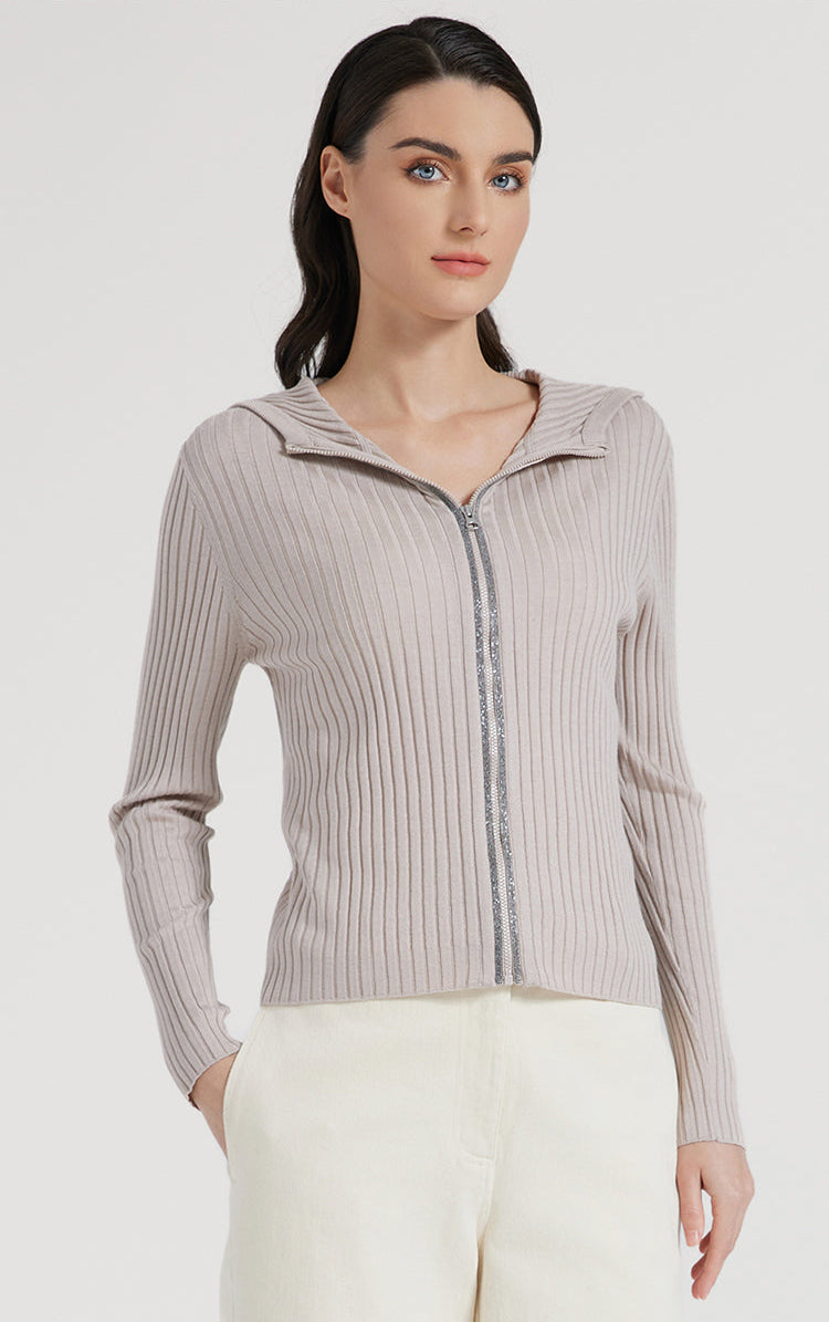 Yün & İpek Kapüşonlu Fermuarlı Hırka