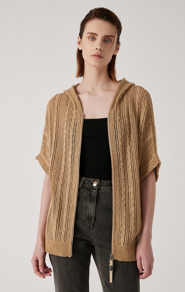 Keten Fermuarlı Örgü Kapüşonlu Üst