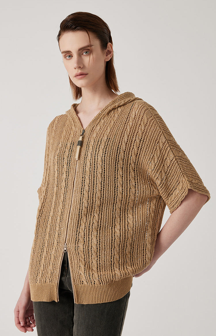 Keten Fermuarlı Örgü Kapüşonlu Üst