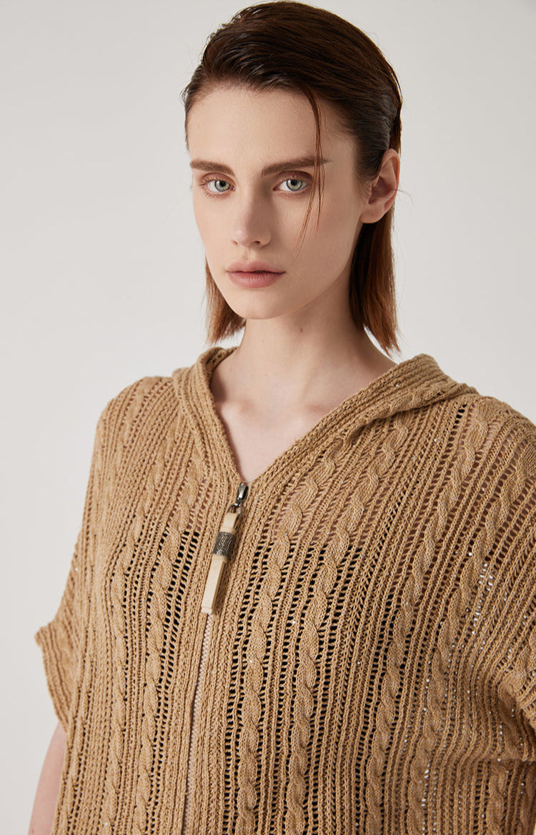 Keten Fermuarlı Örgü Kapüşonlu Üst