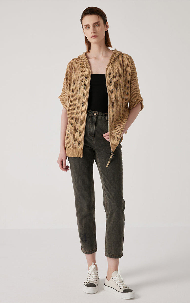 Keten Fermuarlı Örgü Kapüşonlu Üst