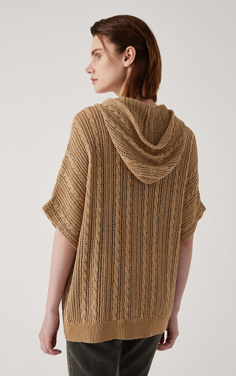 Keten Fermuarlı Örgü Kapüşonlu Üst