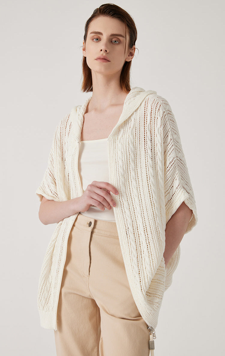 Keten Fermuarlı Örgü Kapüşonlu Üst