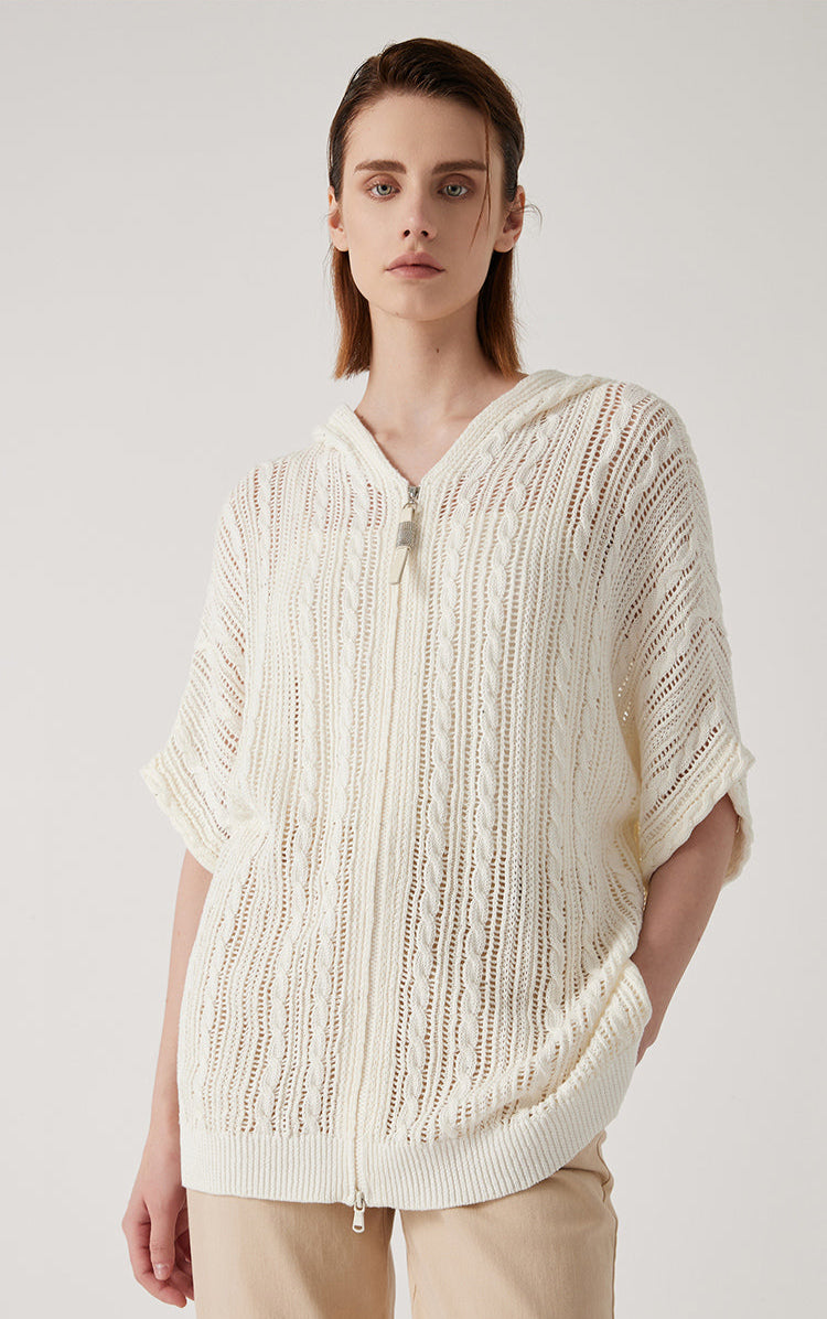 Keten Fermuarlı Örgü Kapüşonlu Üst