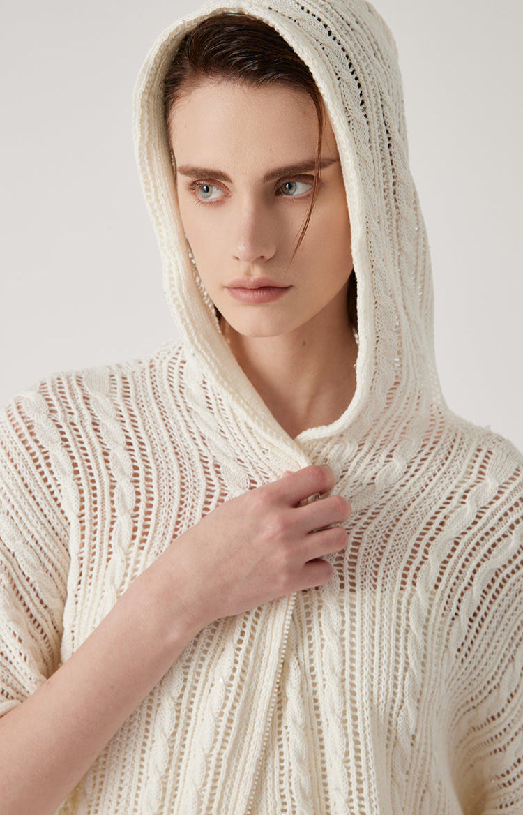 Keten Fermuarlı Örgü Kapüşonlu Üst