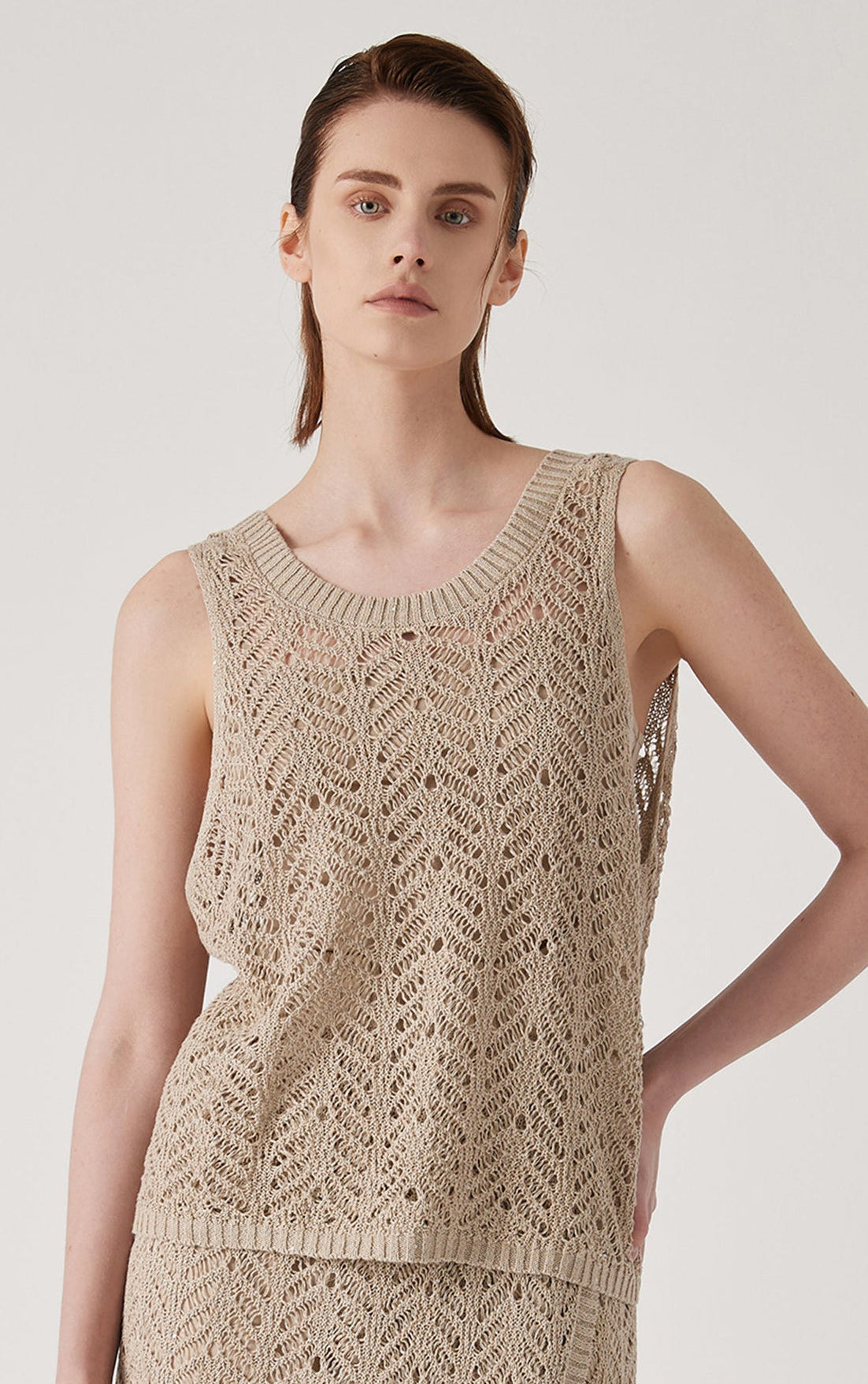 Keten Yarı Açık Çizgili Dikişsiz Örgü Üst