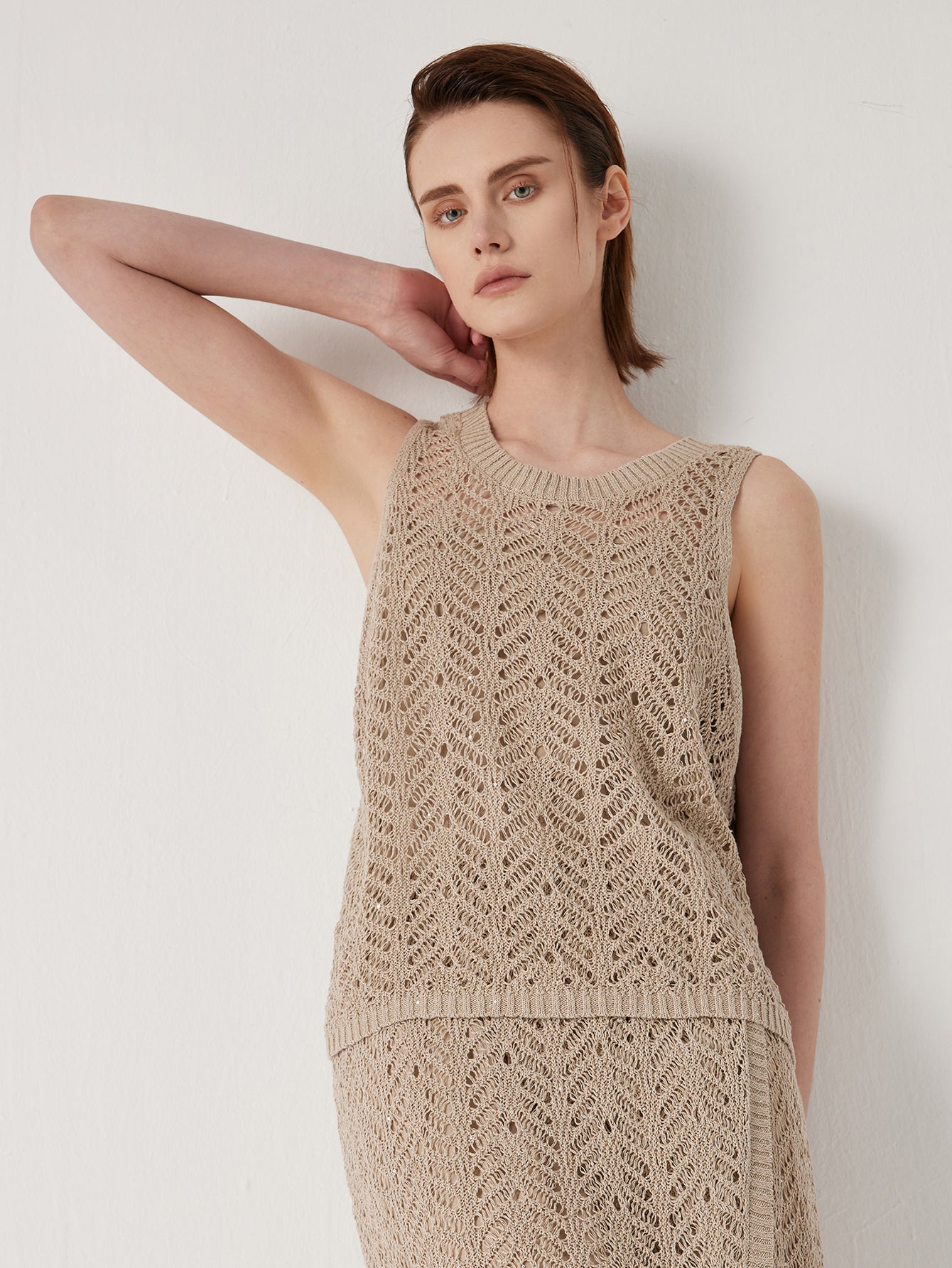 Keten Yarı Açık Çizgili Dikişsiz Örgü Üst