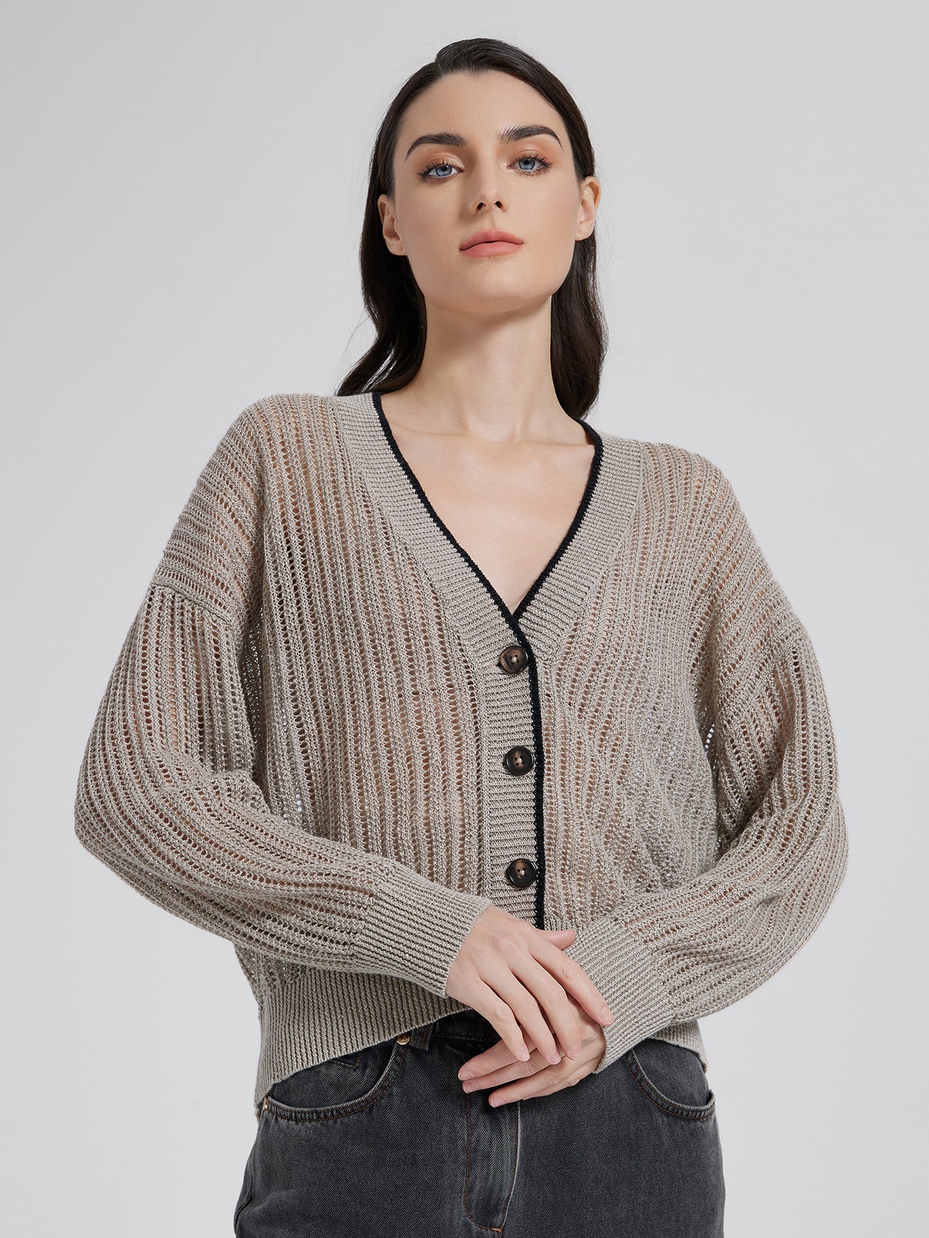 Keten Örgü Düğmeli Hırka