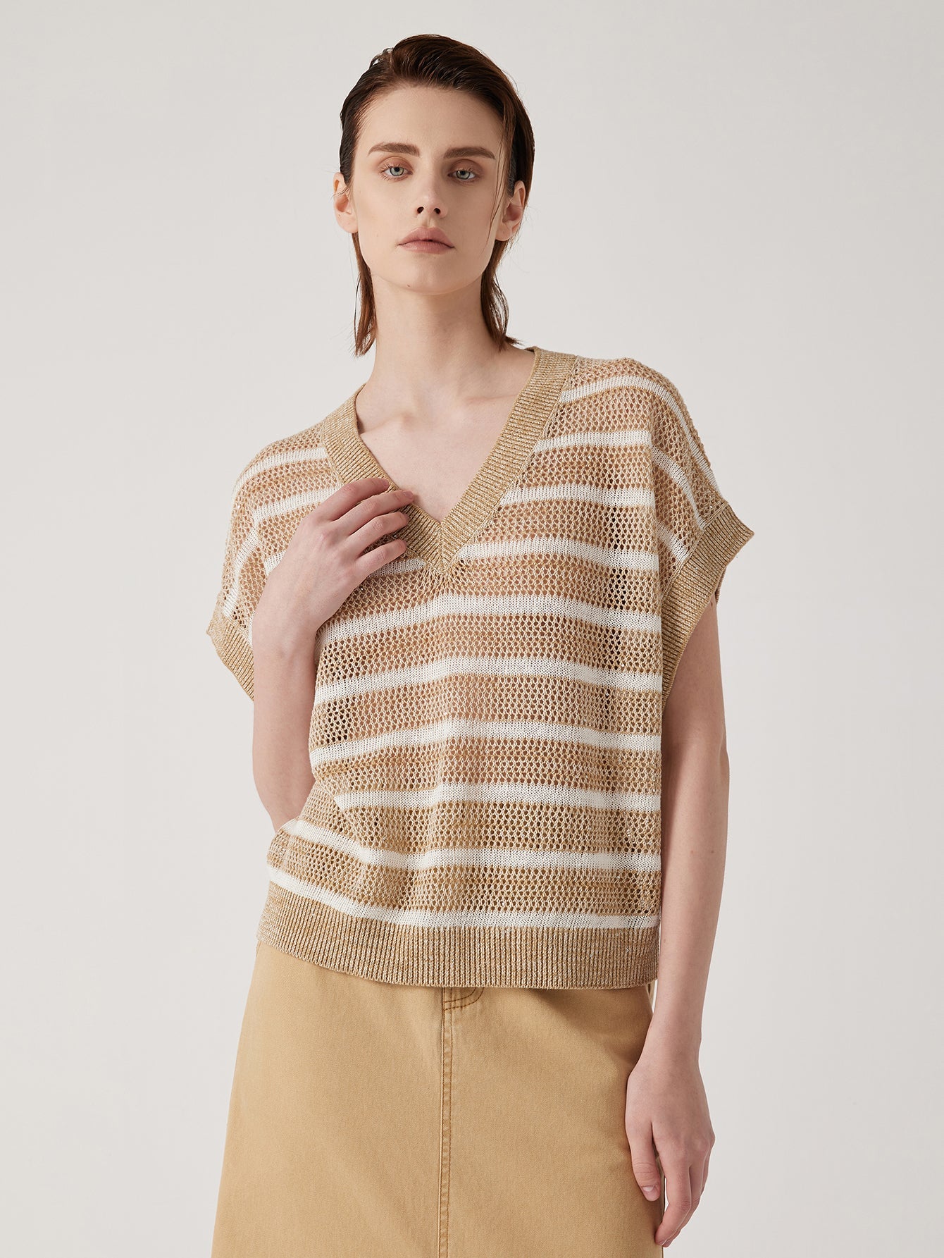 Keten V Yaka Çizgili Örgü Üst