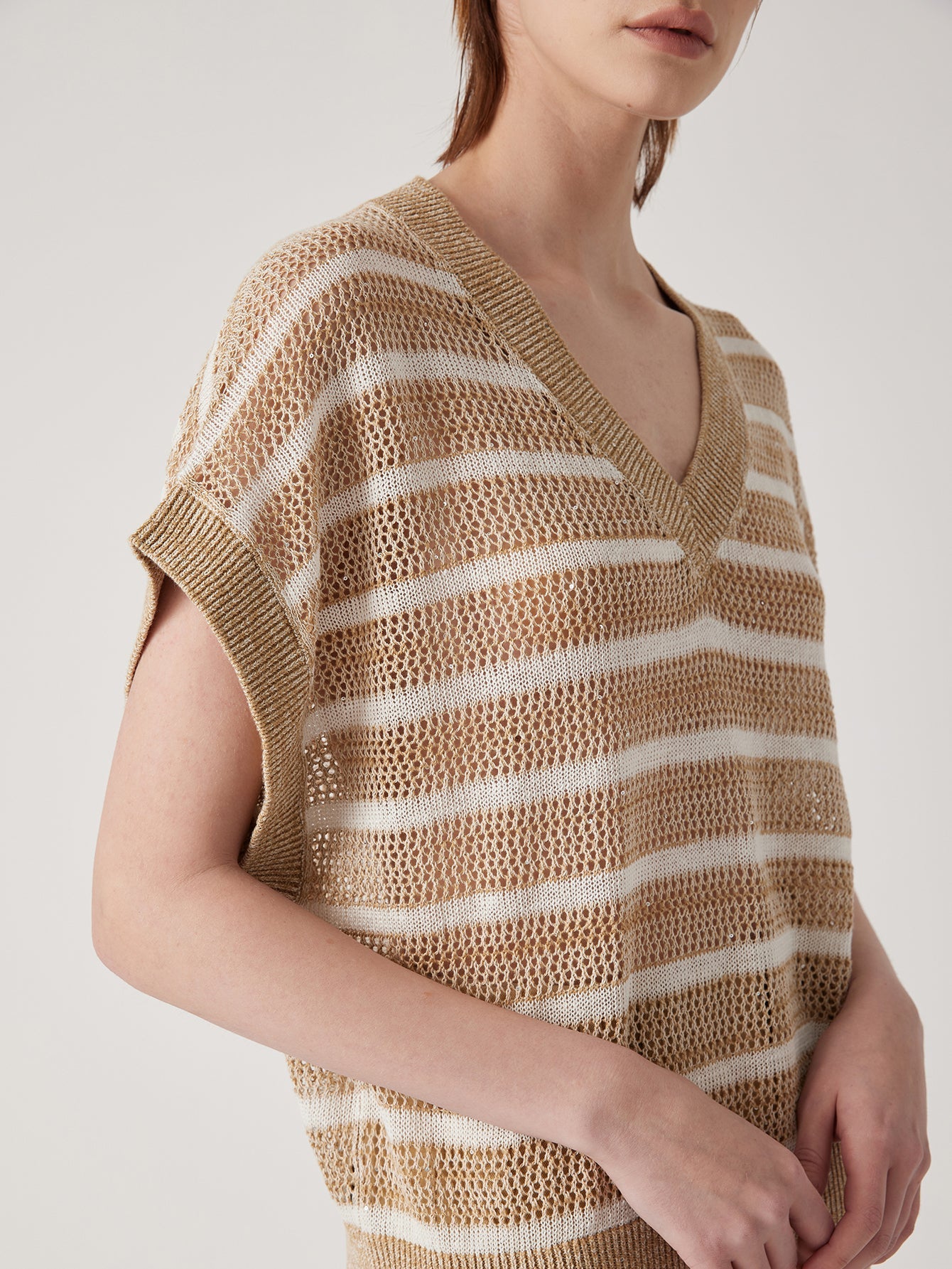 Keten V Yaka Çizgili Örgü Üst