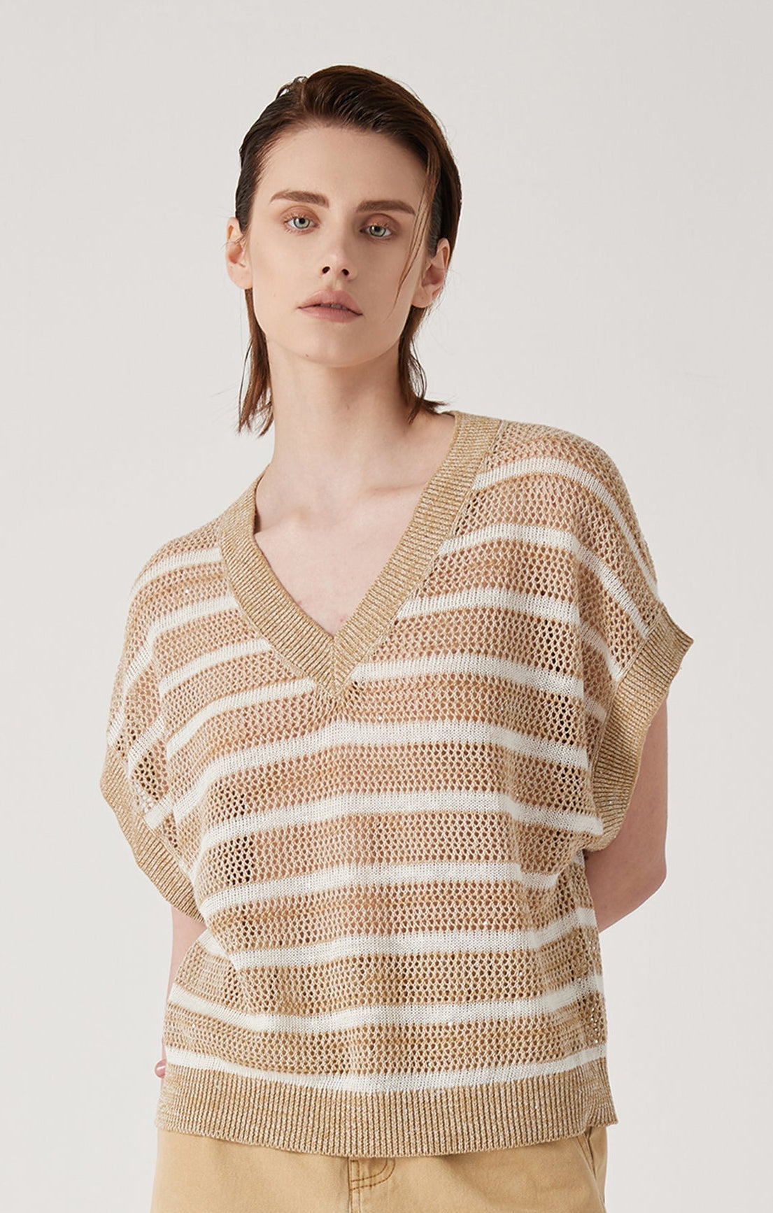 Keten V Yaka Çizgili Örgü Üst