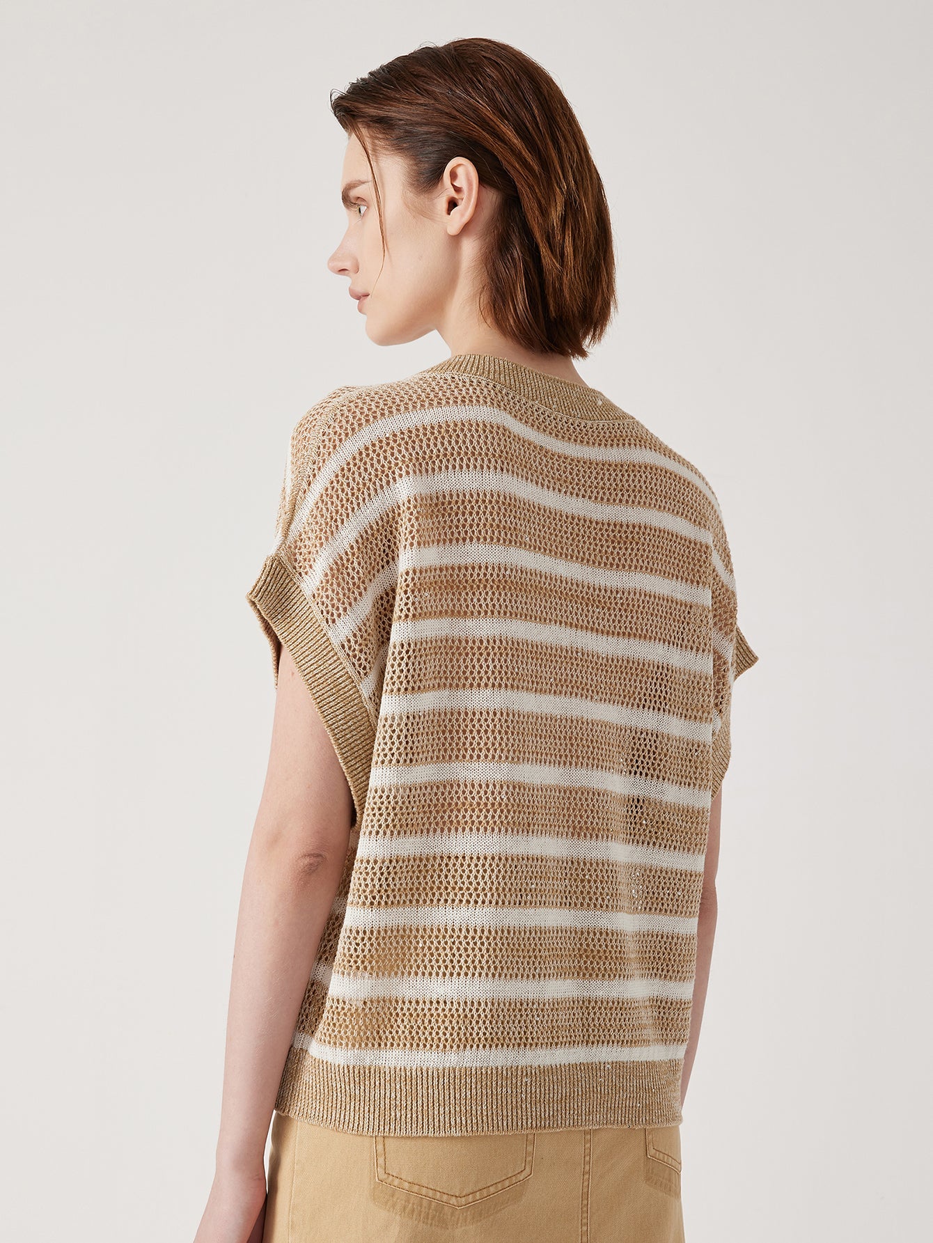 Keten V Yaka Çizgili Örgü Üst