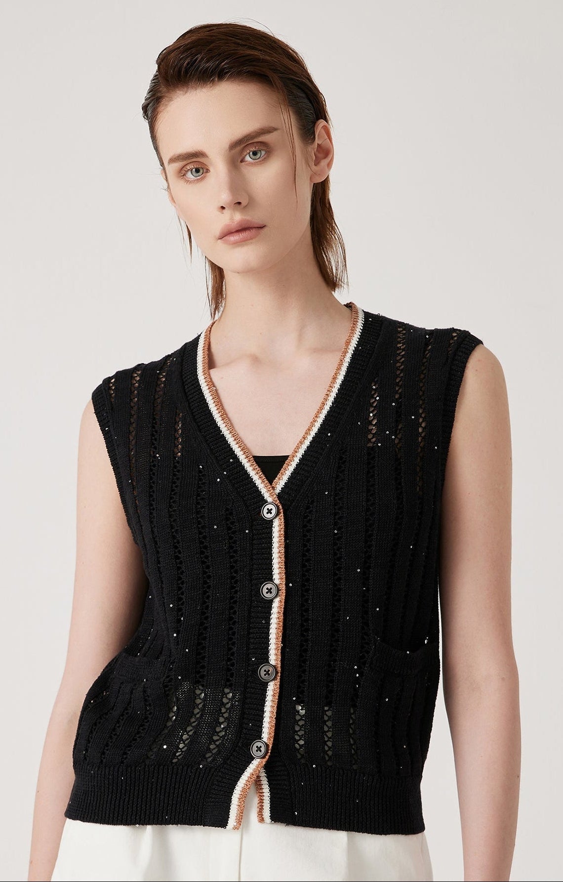 Keten Örgü Yelek V Yaka Kolsuz