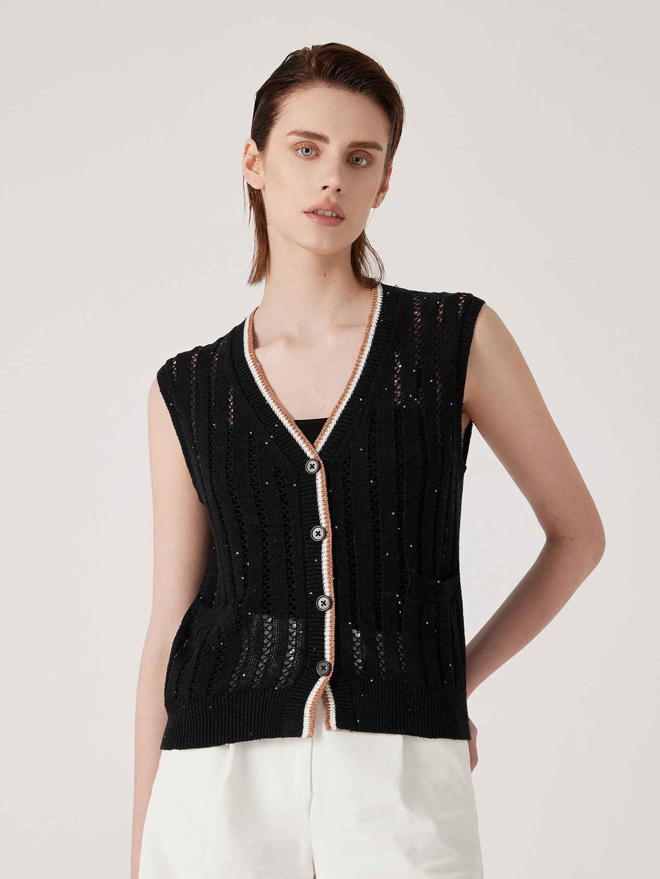 Keten Örgü Yelek V Yaka Kolsuz