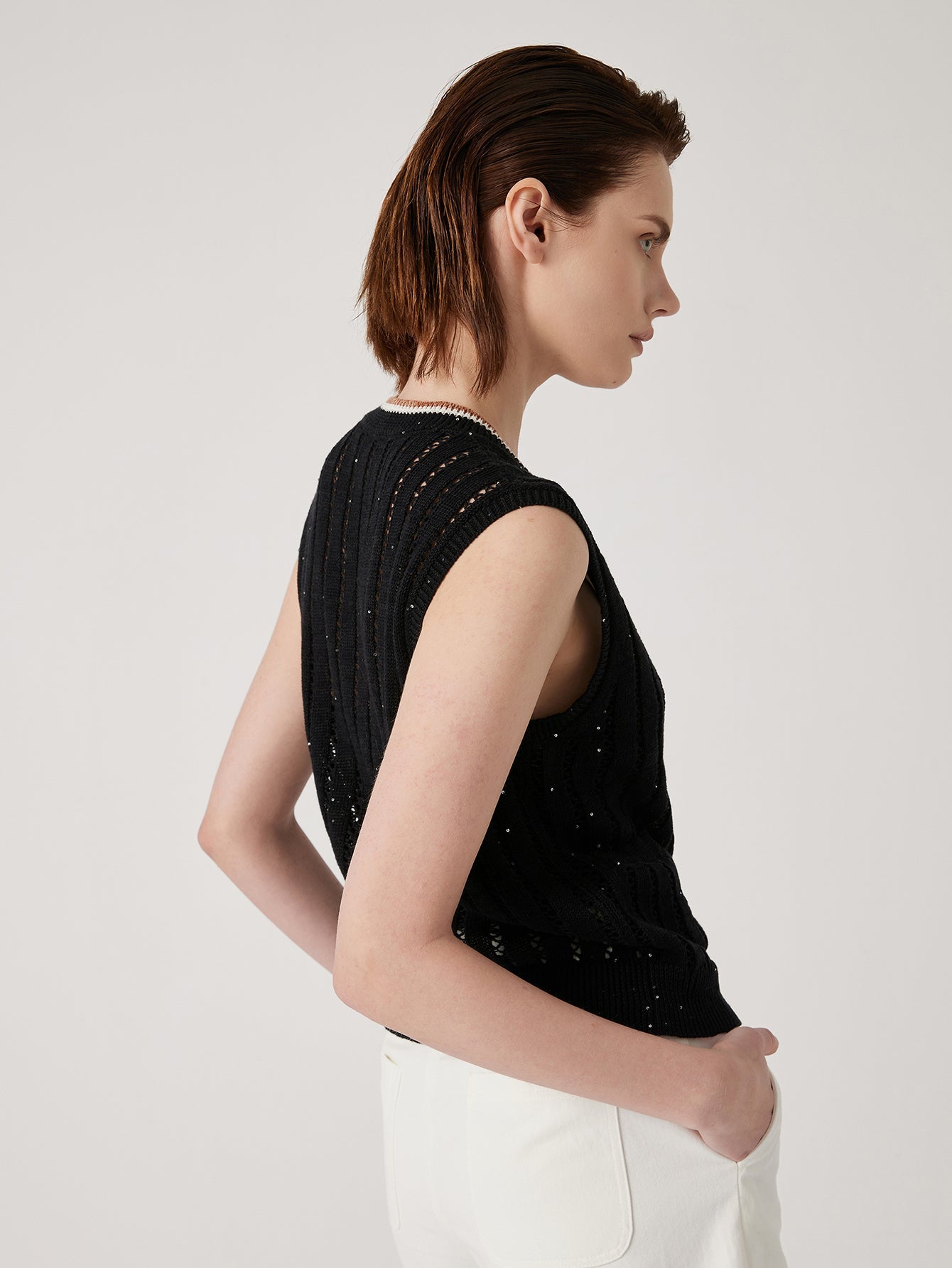 Keten Örgü Yelek V Yaka Kolsuz