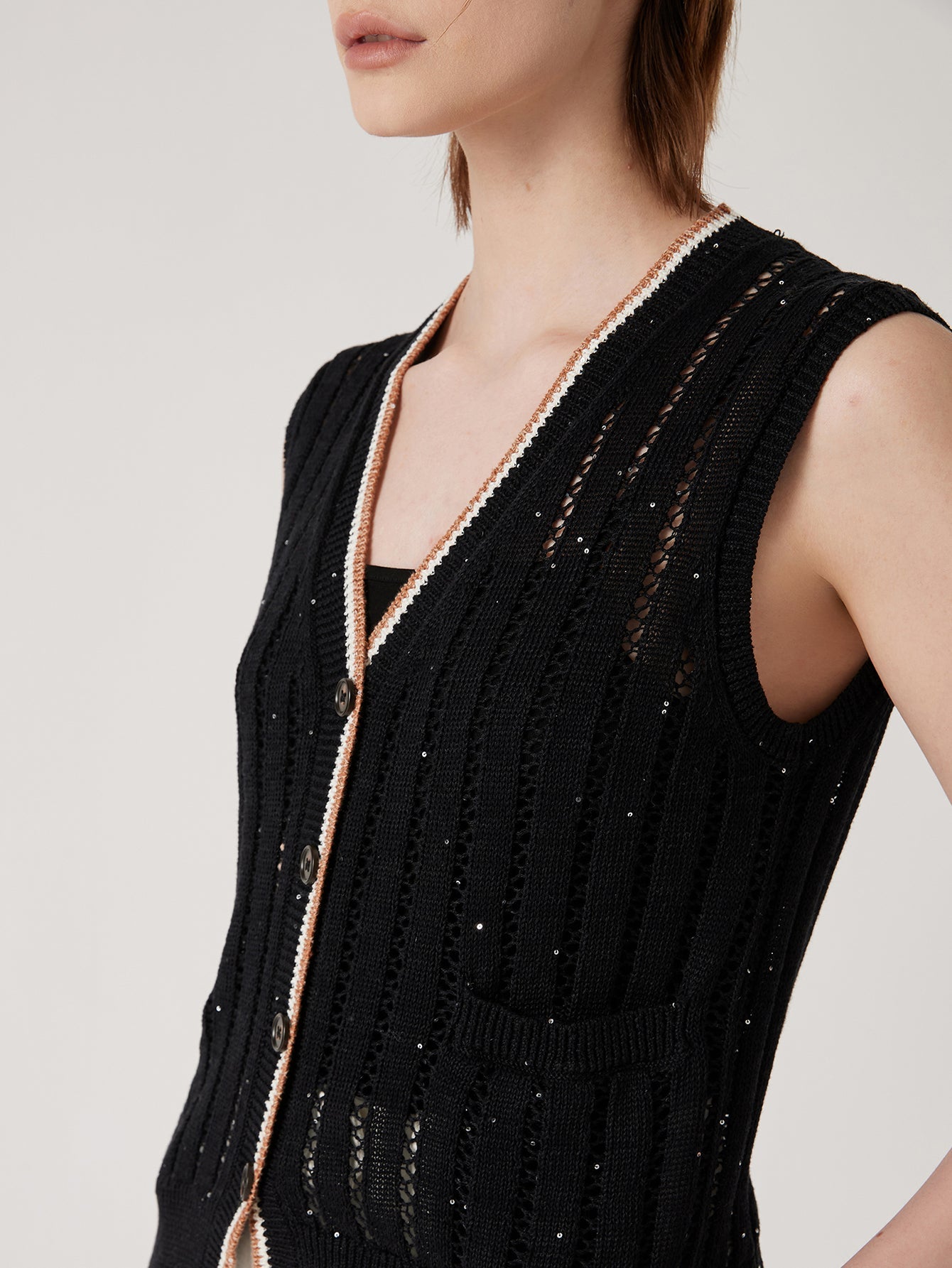 Keten Örgü Yelek V Yaka Kolsuz