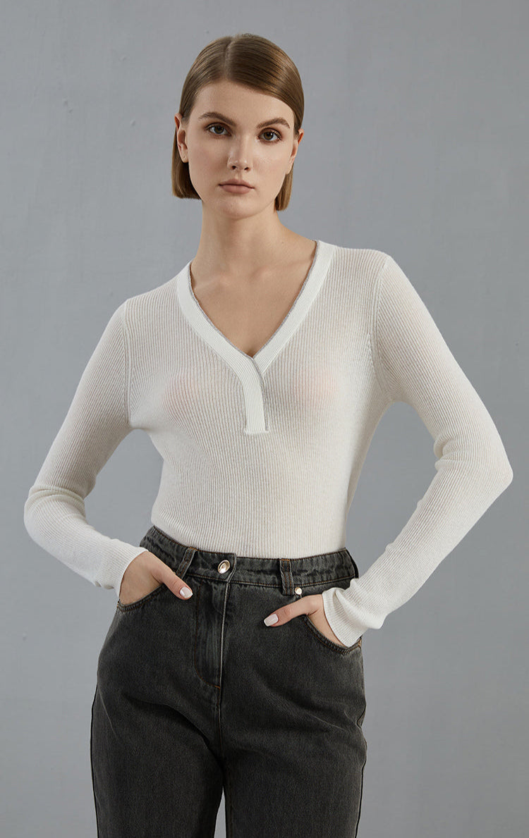 Merino Yünü İnce Dokulu Henley Kazak