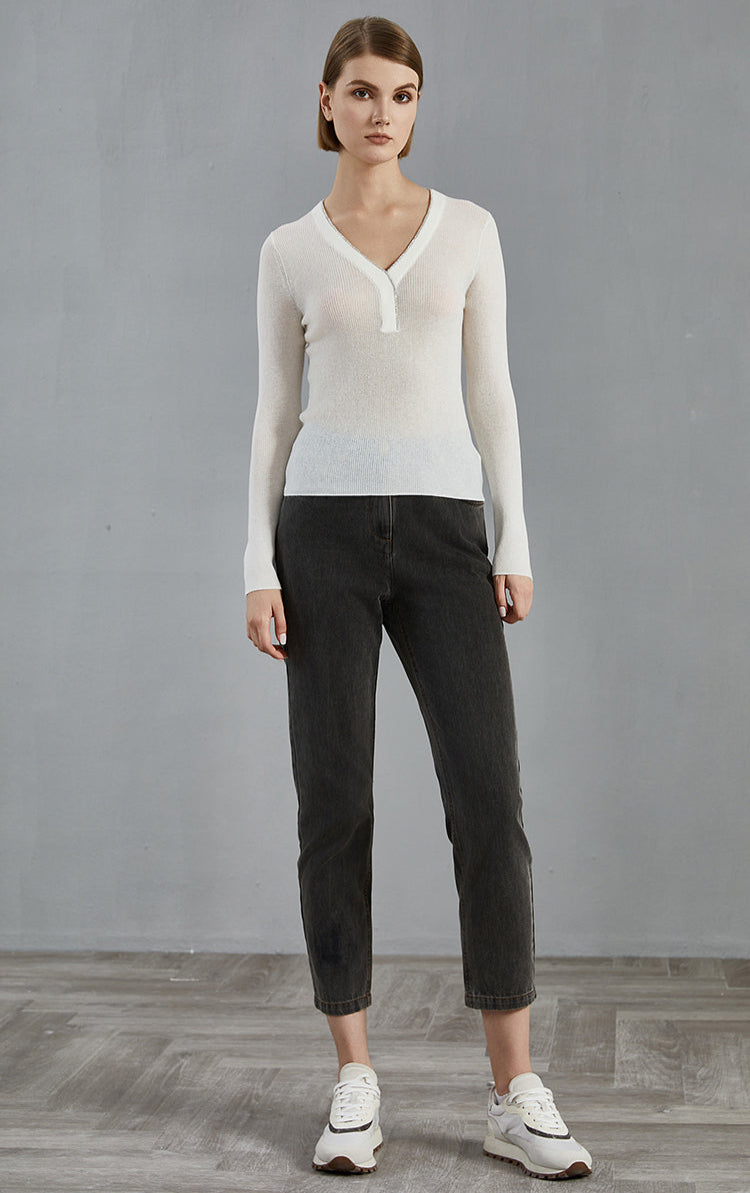 Merino Yünü İnce Dokulu Henley Kazak