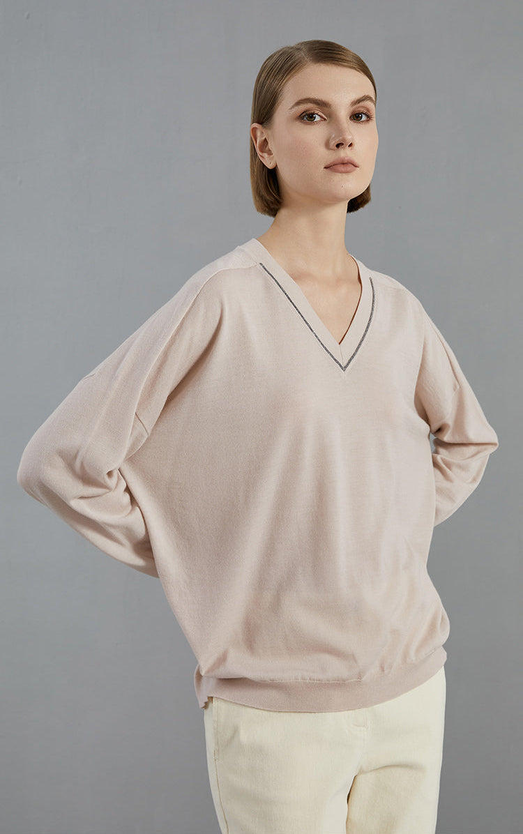 Merino Yünü V Yaka Örgü Kazak