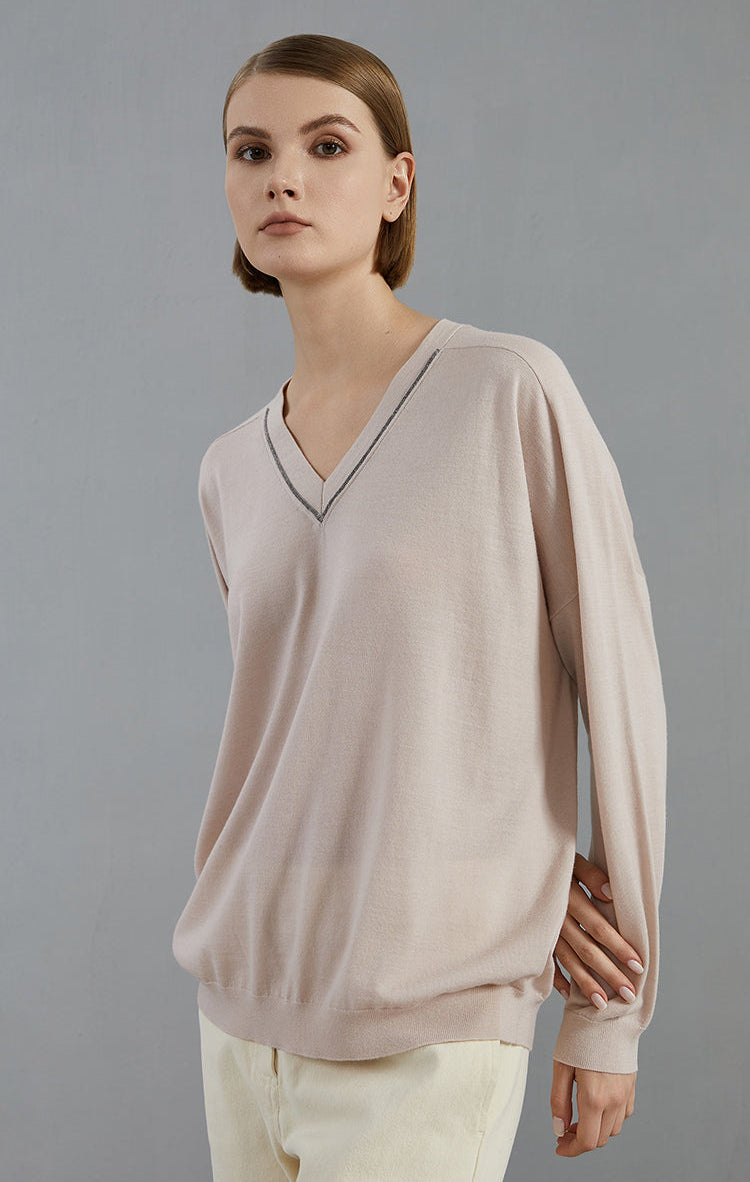 Merino Yünü V Yaka Örgü Kazak