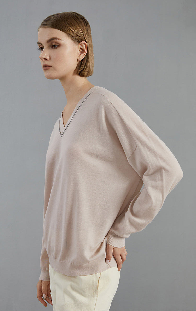 Merino Yünü V Yaka Örgü Kazak