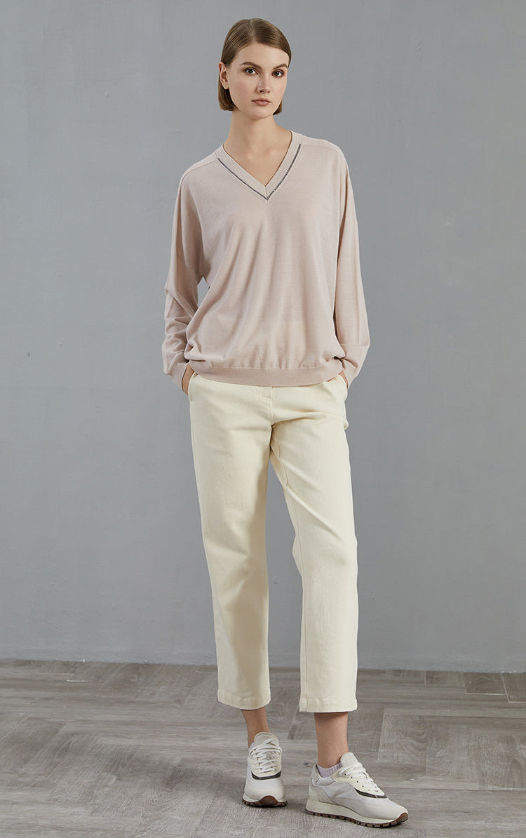 Merino Yünü V Yaka Örgü Kazak