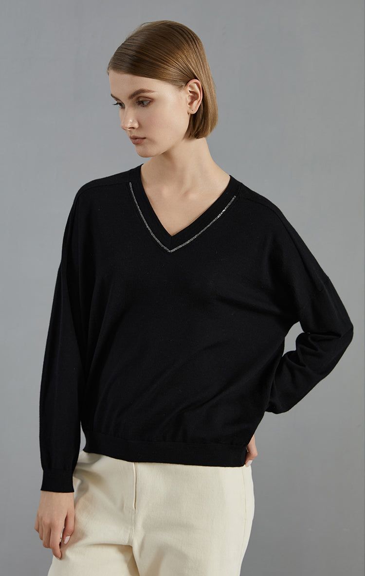 Merino Yünü V Yaka Örgü Kazak