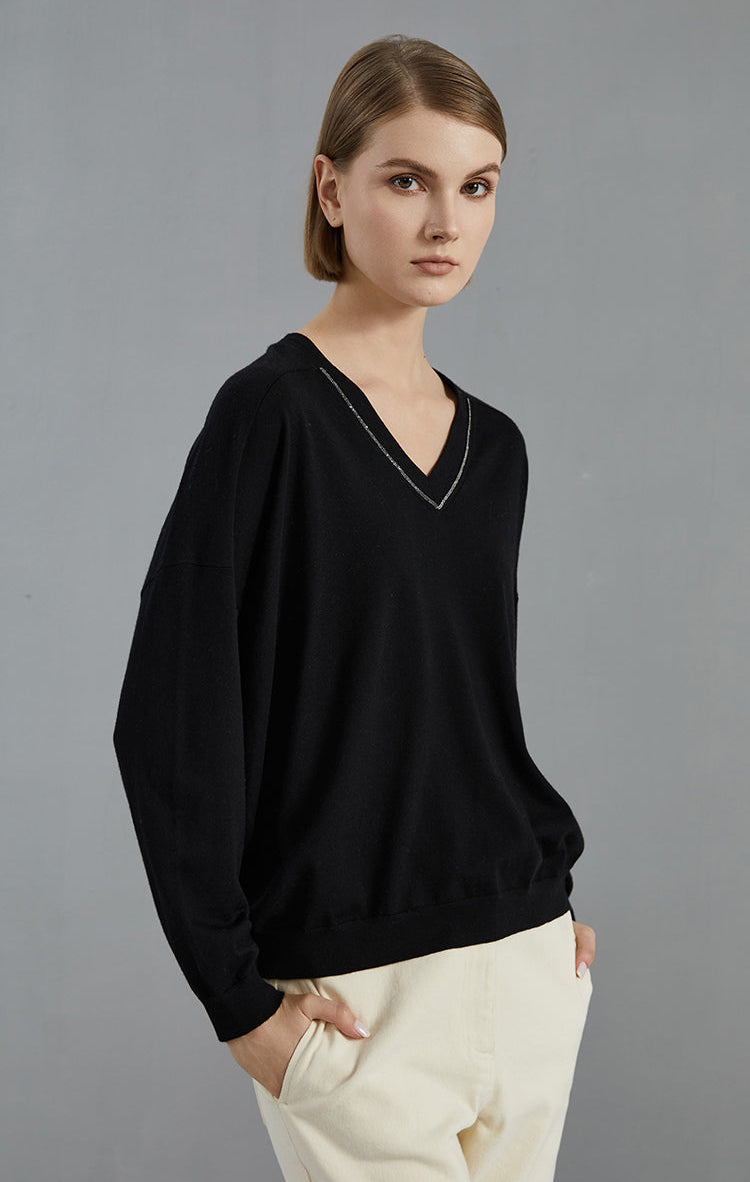 Merino Yünü V Yaka Örgü Kazak