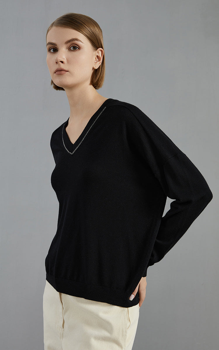 Merino Yünü V Yaka Örgü Kazak