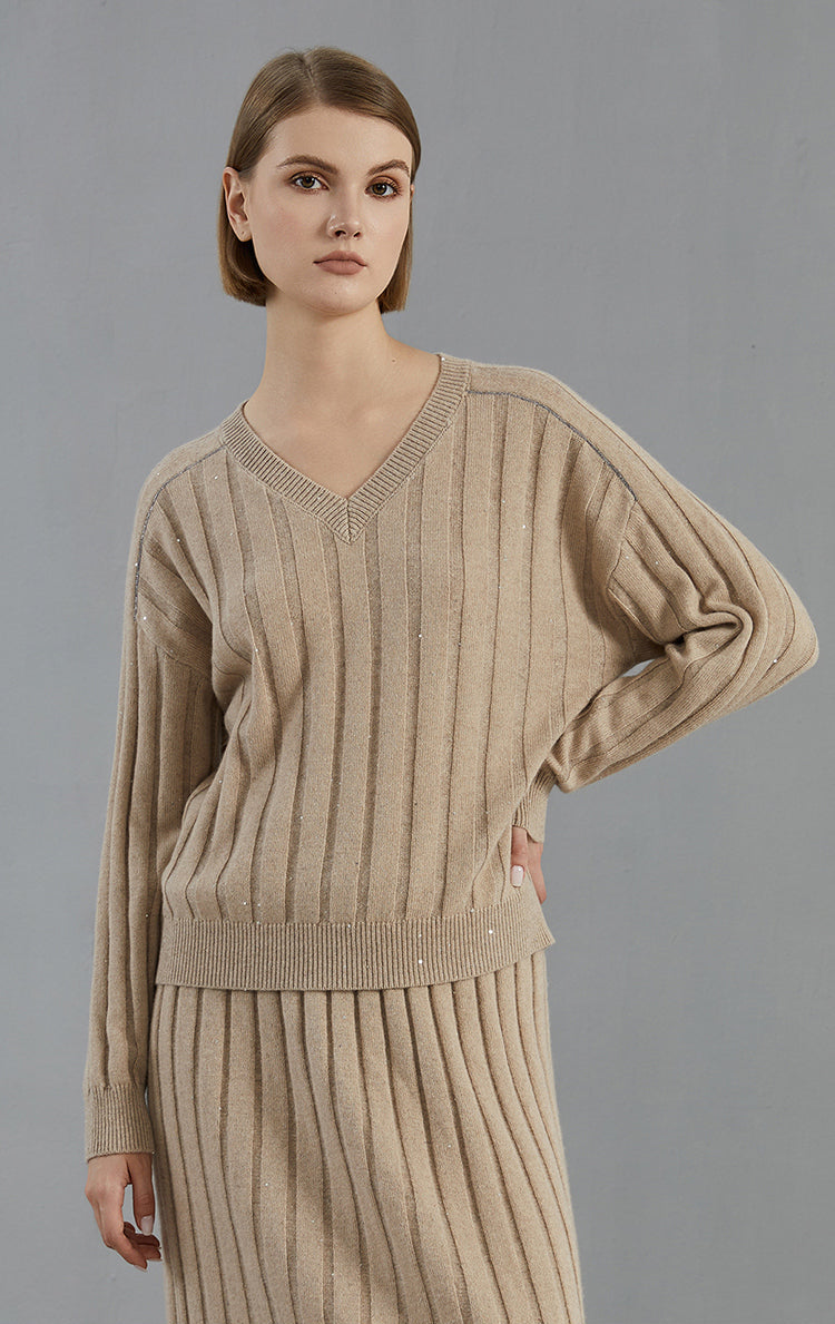 Saf Kaşmir V Yaka Ribanalı Kazak